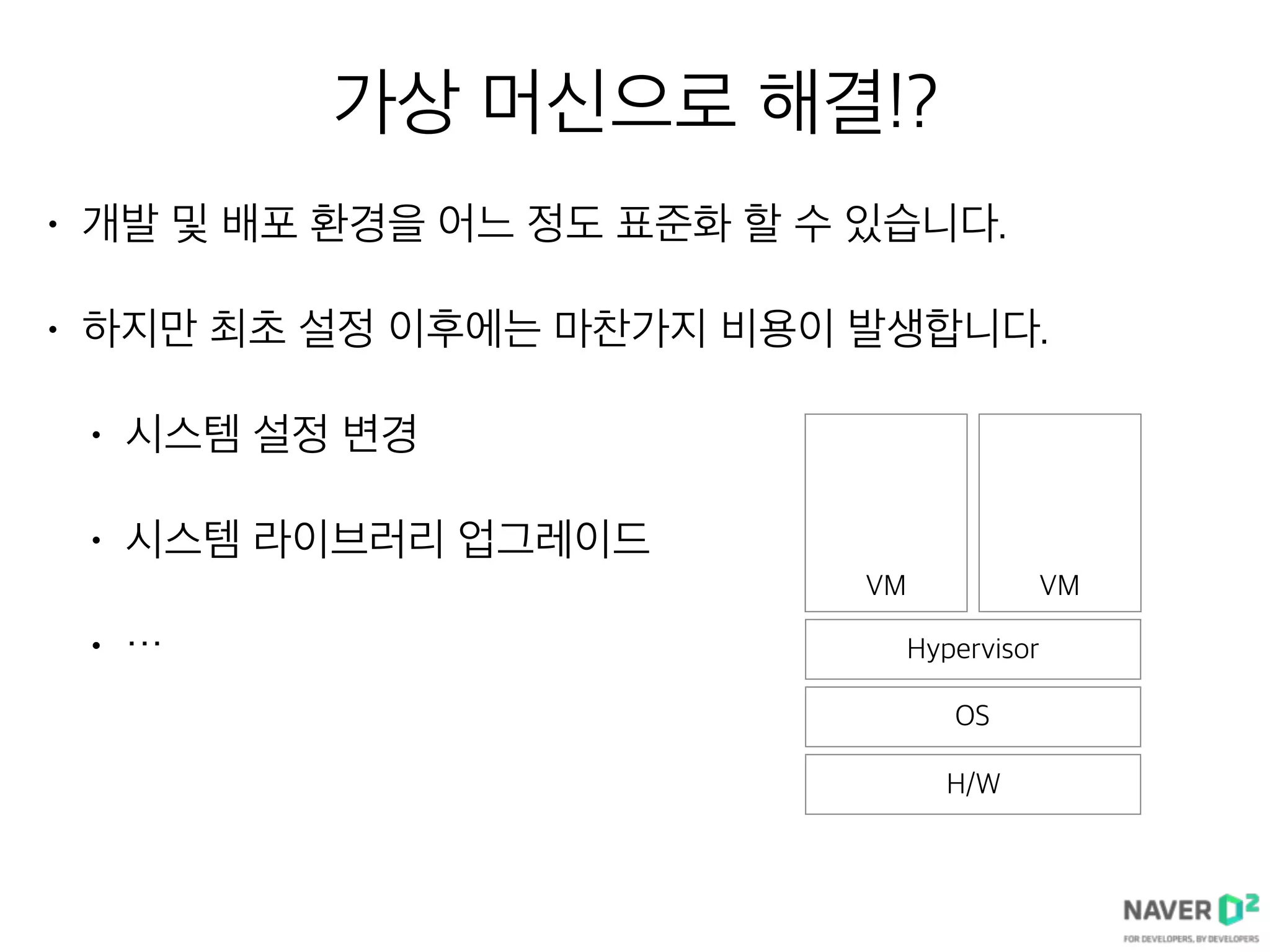 가상 머신으로 해결!?
• 개발 및 배포 환경을 어느 정도 표준화 할 수 있습니다.
• 하지만 최초 설정 이후에는 마찬가지 비용이 발생합니다.
• 시스템 설정 변경
• 시스템 라이브러리 업그레이드
• …
H/W
OS
Hypervisor
VM VM
 