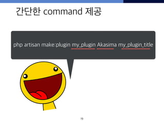 간단한 command 제공
19
php artisan make:plugin my_plugin Akasima my_plugin_title
 