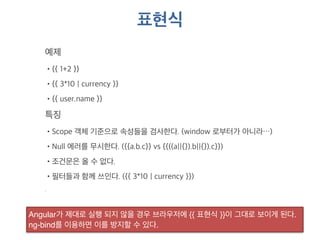 표현식 
예제 
•{{ 1+2 }} 
•{{ 3*10 | currency }} 
•{{ user.name }} 
특징 
•Scope 객체 기준으로 속성들을 검사한다. (window 로부터가 아니라…) 
•Null 에러를 무시한다. ({{a.b.c}} vs {{((a||{}).b||{}).c}}) 
•조건문은 올 수 없다. 
•필터들과 함께 쓰인다. ({{ 3*10 | currency }}) 
. 
Angular가 제대로 실행 되지 않을 경우 브라우저에 {{ 표현식 }}이 그대로 보이게 된다. 
ng-bind를 이용하면 이를 방지할 수 있다. 
 