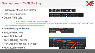 • Improvement to in-app toolbar
• Inline color previews
• Design Time Data
https://docs.microsoft.com/visualstudio/xaml-tools/xaml-designtime-data
• Refresh designer button
• Suggested Actions
• XAML Hot Reload
• XAML Binding Failures
• New Designer for .NET FW apps
• XAML Live Preview !
New features in XAML Tooling
 