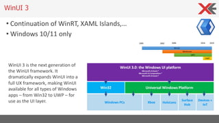 WinUI 3
• Continuation of WinRT, XAML Islands,…
• Windows 10/11 only
WinUI 3 is the next generation of
the WinUI framework. It
dramatically expands WinUI into a
full UX framework, making WinUI
available for all types of Windows
apps – from Win32 to UWP – for
use as the UI layer.
 