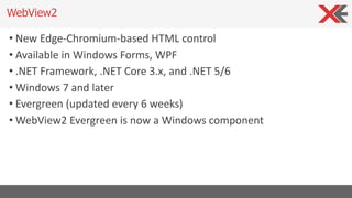 • New Edge-Chromium-based HTML control
• Available in Windows Forms, WPF
• .NET Framework, .NET Core 3.x, and .NET 5/6
• Windows 7 and later
• Evergreen (updated every 6 weeks)
• WebView2 Evergreen is now a Windows component
WebView2
 