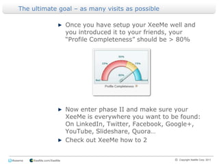 The ultimate goal – as many visits as possibleOnce you have setup your XeeMe well and you introduced it to your friends, your “Profile Completeness” should be > 80%Now enter phase II and make sure your XeeMe is everywhere you want to be found: On LinkedIn, Twitter, Facebook, Google+, YouTube, Slideshare, Quora…Check out XeeMe how to 2