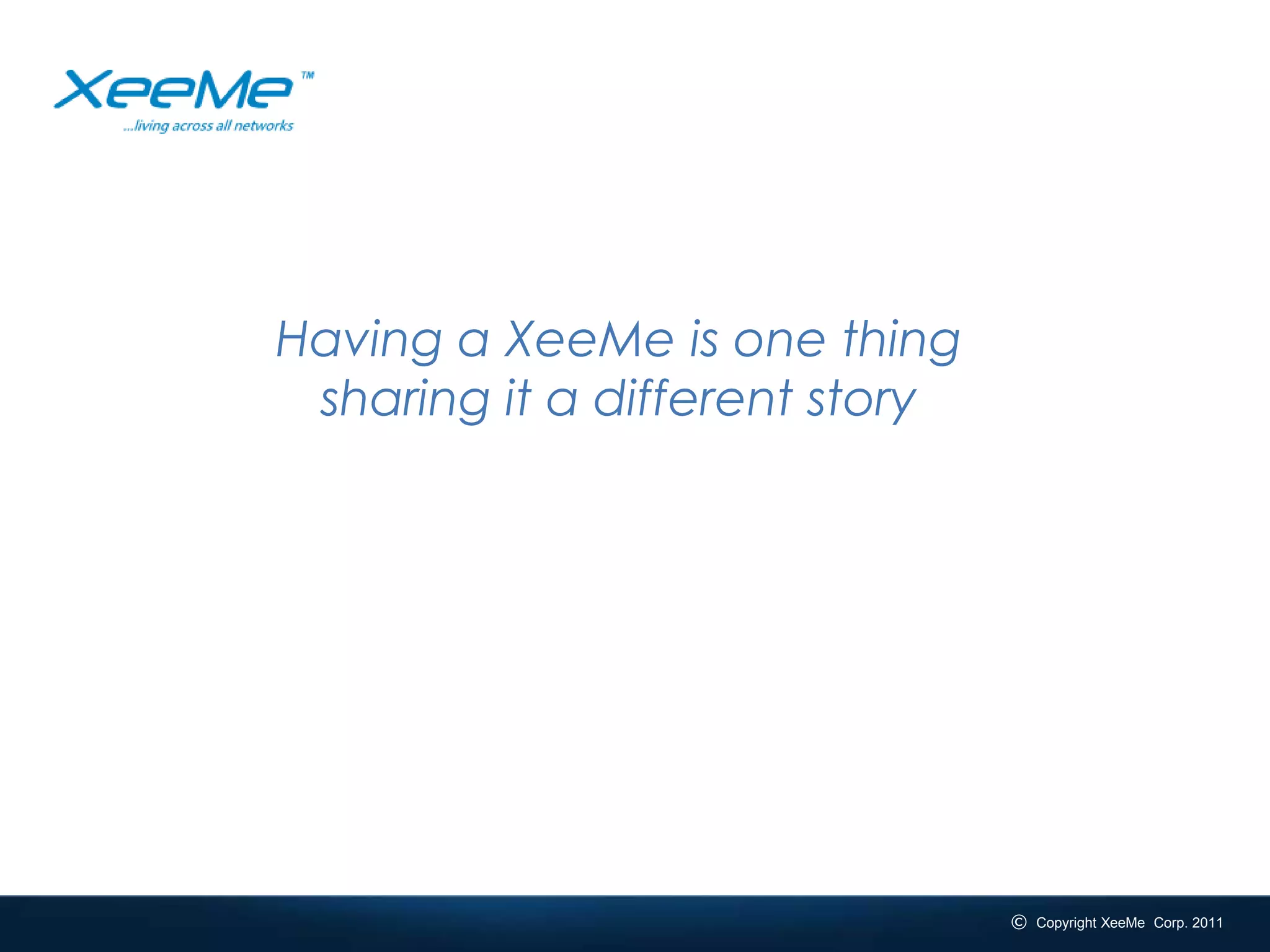 Having a XeeMe is one thing
                  sharing it a different story




_______________________________________________________________________________
                                                               © Copyright XeeMe Corp. 2011
                                                               © Copyright XeeMe Corp. 2011
 #xeeme   XeeMe.com/XeeMe              4
 