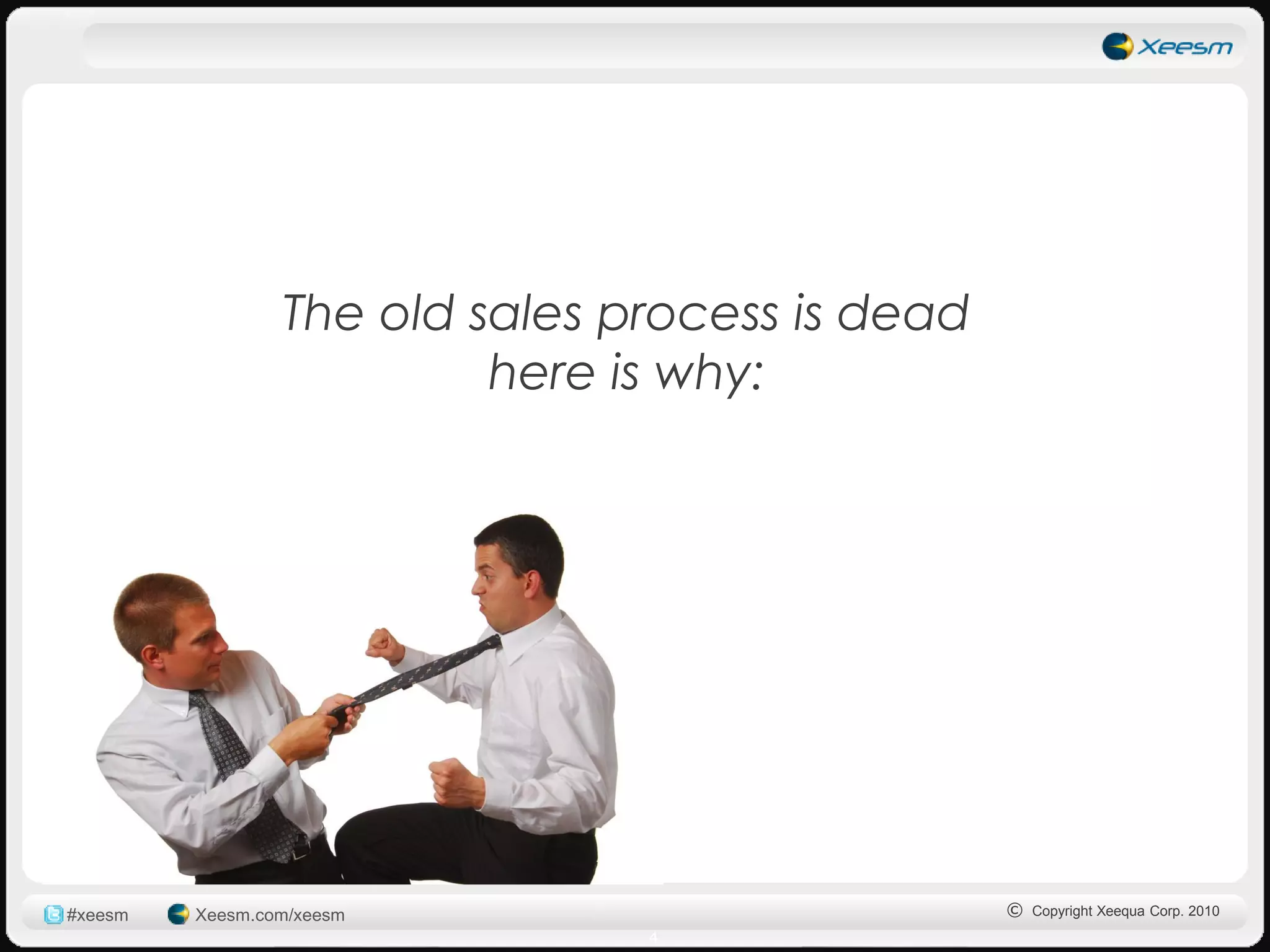 The old sales process is dead
                          here is why:




#xeesm   Xeesm.com/xeesm                         © Copyright Xeequa Corp. 2010
                                4
 