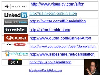 http://www.DanielAlfon.com
http://www.visualcv.com/alfon
http://il.linkedin.com/in/alfon
https://twitter.com/#!/danielalfon
http://alfon.tumblr.com/
http://www.quora.com/Daniel-Alfon
http://www.youtube.com/user/danielalfon
http://www.slideshare.net/danielalfon
http://gplus.to/DanielAlfon
 