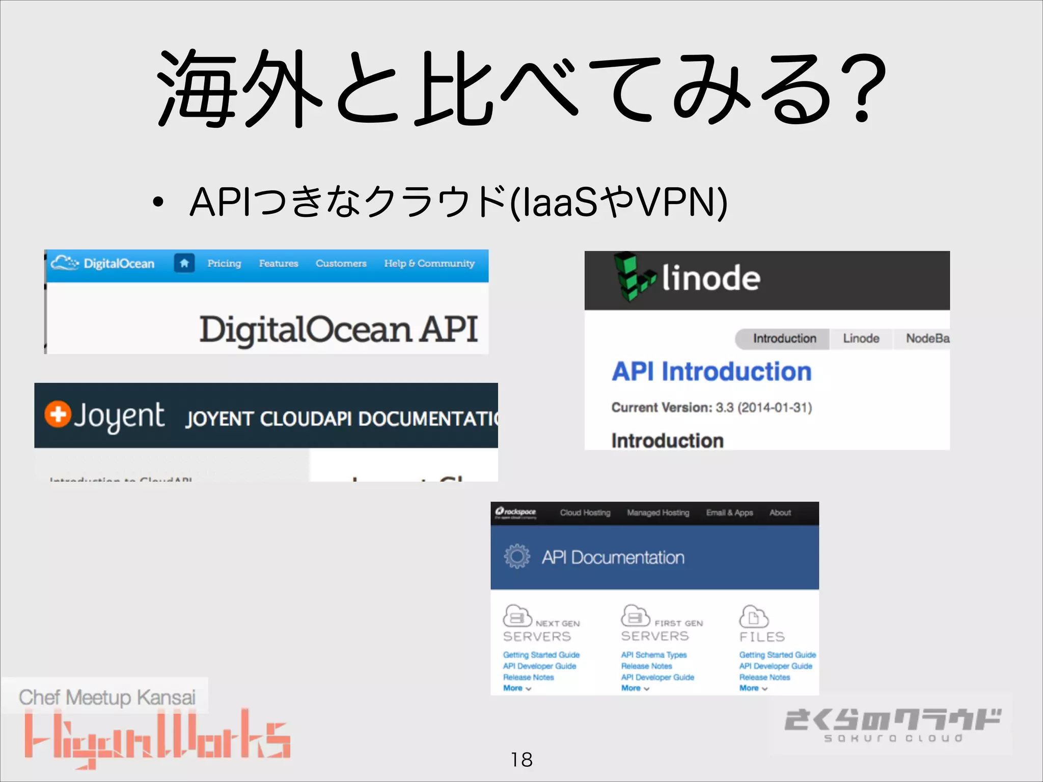 海外と比べてみる?
• APIつきなクラウド(IaaSやVPN)

18

 