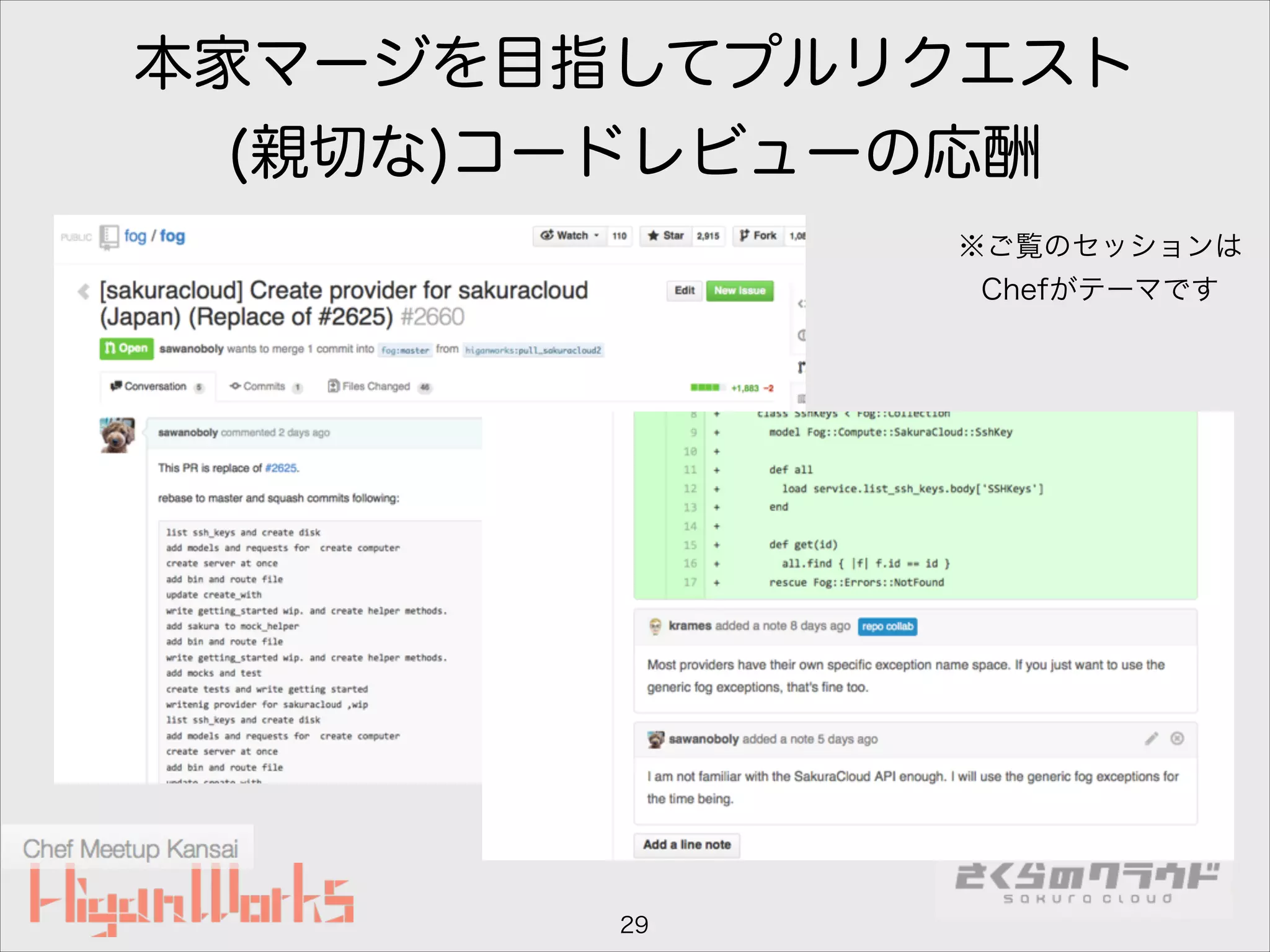 本家マージを目指してプルリクエスト
(親切な)コードレビューの応酬
※ご覧のセッションは
Chefがテーマです

29

 