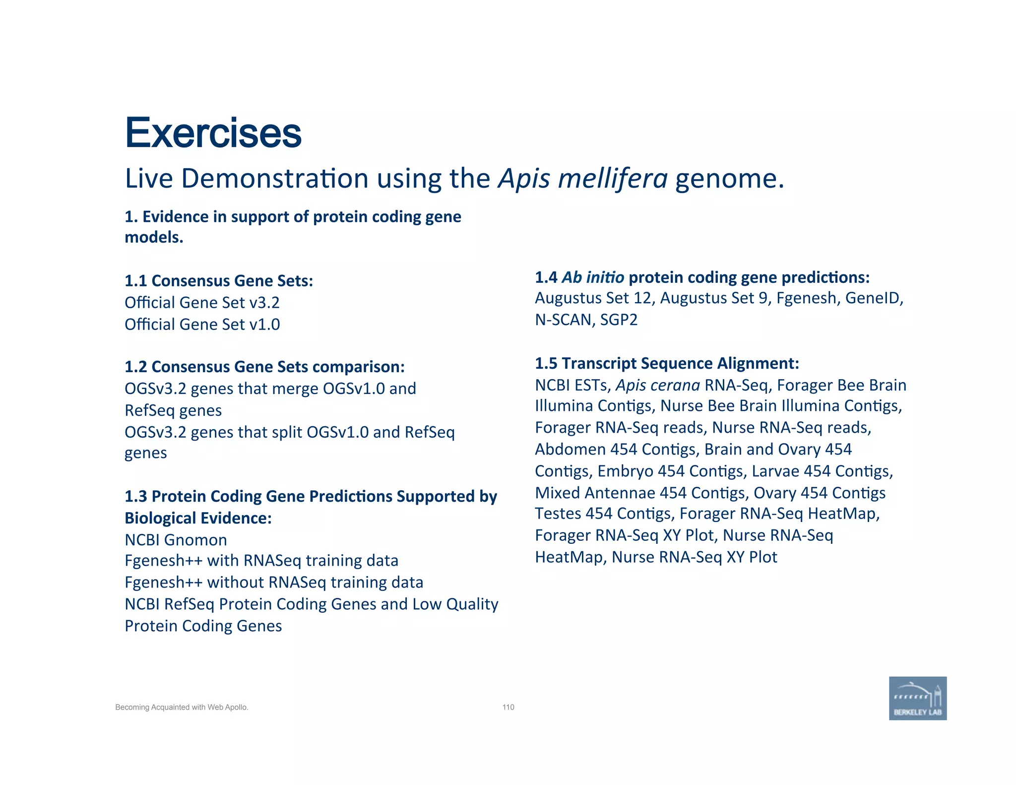 Exercises
Live	
  Demonstra'on	
  using	
  the	
  Apis	
  mellifera	
  genome.	
  
110
1.	
  Evidence	
  in	
  support	
  of	
  protein	
  coding	
  gene	
  
models.	
  
	
  	
  
1.1	
  Consensus	
  Gene	
  Sets:	
  
Oﬃcial	
  Gene	
  Set	
  v3.2	
  
Oﬃcial	
  Gene	
  Set	
  v1.0	
  
	
  
1.2	
  Consensus	
  Gene	
  Sets	
  comparison:	
  
OGSv3.2	
  genes	
  that	
  merge	
  OGSv1.0	
  and	
  
RefSeq	
  genes	
  
OGSv3.2	
  genes	
  that	
  split	
  OGSv1.0	
  and	
  RefSeq	
  
genes	
  
	
  
1.3	
  Protein	
  Coding	
  Gene	
  Predic=ons	
  Supported	
  by	
  
Biological	
  Evidence:	
  
NCBI	
  Gnomon	
  
Fgenesh++	
  with	
  RNASeq	
  training	
  data	
  
Fgenesh++	
  without	
  RNASeq	
  training	
  data	
  
NCBI	
  RefSeq	
  Protein	
  Coding	
  Genes	
  and	
  Low	
  Quality	
  
Protein	
  Coding	
  Genes	
  
1.4	
  Ab	
  ini,o	
  protein	
  coding	
  gene	
  predic=ons:	
  
Augustus	
  Set	
  12,	
  Augustus	
  Set	
  9,	
  Fgenesh,	
  GeneID,	
  
N-­‐SCAN,	
  SGP2	
  
	
  
1.5	
  Transcript	
  Sequence	
  Alignment:	
  
NCBI	
  ESTs,	
  Apis	
  cerana	
  RNA-­‐Seq,	
  Forager	
  Bee	
  Brain	
  
Illumina	
  Con'gs,	
  Nurse	
  Bee	
  Brain	
  Illumina	
  Con'gs,	
  
Forager	
  RNA-­‐Seq	
  reads,	
  Nurse	
  RNA-­‐Seq	
  reads,	
  
Abdomen	
  454	
  Con'gs,	
  Brain	
  and	
  Ovary	
  454	
  
Con'gs,	
  Embryo	
  454	
  Con'gs,	
  Larvae	
  454	
  Con'gs,	
  
Mixed	
  Antennae	
  454	
  Con'gs,	
  Ovary	
  454	
  Con'gs	
  
Testes	
  454	
  Con'gs,	
  Forager	
  RNA-­‐Seq	
  HeatMap,	
  
Forager	
  RNA-­‐Seq	
  XY	
  Plot,	
  Nurse	
  RNA-­‐Seq	
  
HeatMap,	
  Nurse	
  RNA-­‐Seq	
  XY	
  Plot	
  	
  
Becoming Acquainted with Web Apollo.
 
