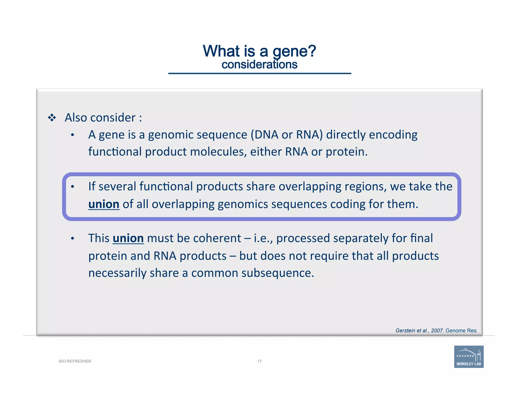 17BIO-REFRESHER
What is a gene? 
considerations
v  Also	
  consider	
  :	
  
•  A	
  gene	
  is	
  a	
  genomic	
  sequence	
  (DNA	
  or	
  RNA)	
  directly	
  encoding	
  
func'onal	
  product	
  molecules,	
  either	
  RNA	
  or	
  protein.	
  
•  If	
  several	
  func'onal	
  products	
  share	
  overlapping	
  regions,	
  we	
  take	
  the	
  
union	
  of	
  all	
  overlapping	
  genomics	
  sequences	
  coding	
  for	
  them.	
  
•  This	
  union	
  must	
  be	
  coherent	
  –	
  i.e.,	
  processed	
  separately	
  for	
  ﬁnal	
  
protein	
  and	
  RNA	
  products	
  –	
  but	
  does	
  not	
  require	
  that	
  all	
  products	
  
necessarily	
  share	
  a	
  common	
  subsequence.
Gerstein et al., 2007. Genome Res.
 