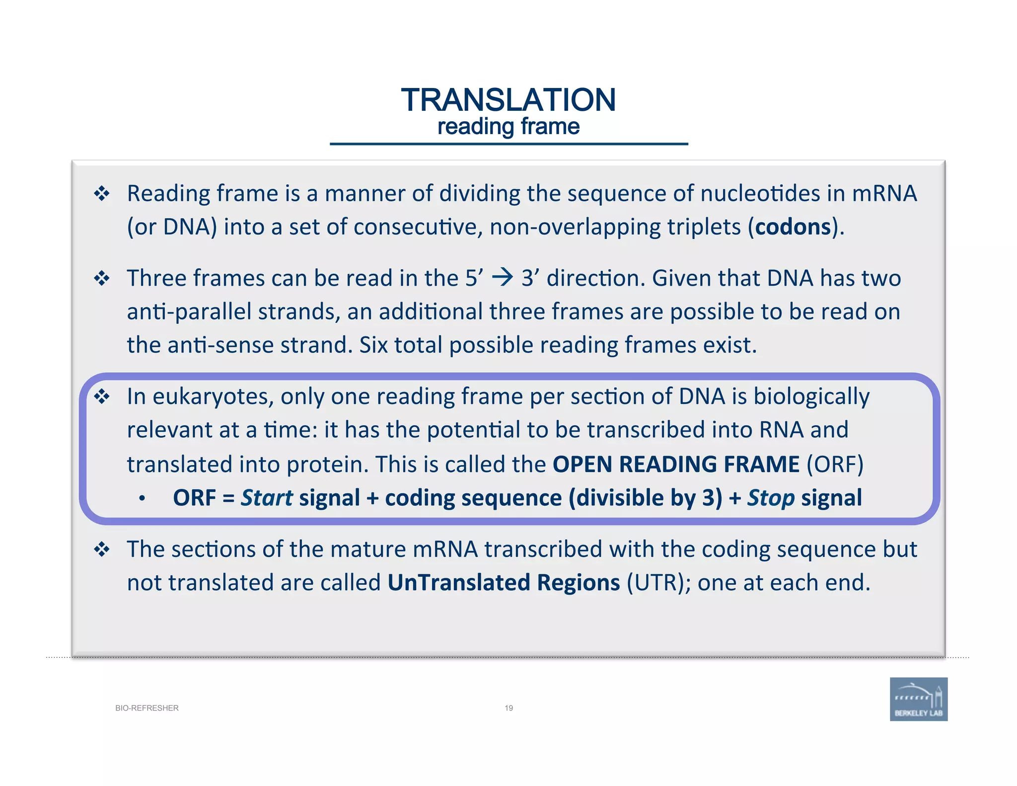 19BIO-REFRESHER
TRANSLATION 
reading frame
v  Reading	
  frame	
  is	
  a	
  manner	
  of	
  dividing	
  the	
  sequence	
  of	
  nucleo'des	
  in	
  mRNA	
  
(or	
  DNA)	
  into	
  a	
  set	
  of	
  consecu've,	
  non-­‐overlapping	
  triplets	
  (codons).	
  
v  Three	
  frames	
  can	
  be	
  read	
  in	
  the	
  5’	
  à	
  3’	
  direc'on.	
  Given	
  that	
  DNA	
  has	
  two	
  
an'-­‐parallel	
  strands,	
  an	
  addi'onal	
  three	
  frames	
  are	
  possible	
  to	
  be	
  read	
  on	
  
the	
  an'-­‐sense	
  strand.	
  Six	
  total	
  possible	
  reading	
  frames	
  exist.	
  
v  In	
  eukaryotes,	
  only	
  one	
  reading	
  frame	
  per	
  sec'on	
  of	
  DNA	
  is	
  biologically	
  
relevant	
  at	
  a	
  'me:	
  it	
  has	
  the	
  poten'al	
  to	
  be	
  transcribed	
  into	
  RNA	
  and	
  
translated	
  into	
  protein.	
  This	
  is	
  called	
  the	
  OPEN	
  READING	
  FRAME	
  (ORF)	
  
•  ORF	
  =	
  Start	
  signal	
  +	
  coding	
  sequence	
  (divisible	
  by	
  3)	
  +	
  Stop	
  signal	
  
v  The	
  sec'ons	
  of	
  the	
  mature	
  mRNA	
  transcribed	
  with	
  the	
  coding	
  sequence	
  but	
  
not	
  translated	
  are	
  called	
  UnTranslated	
  Regions	
  (UTR);	
  one	
  at	
  each	
  end.	
  
 