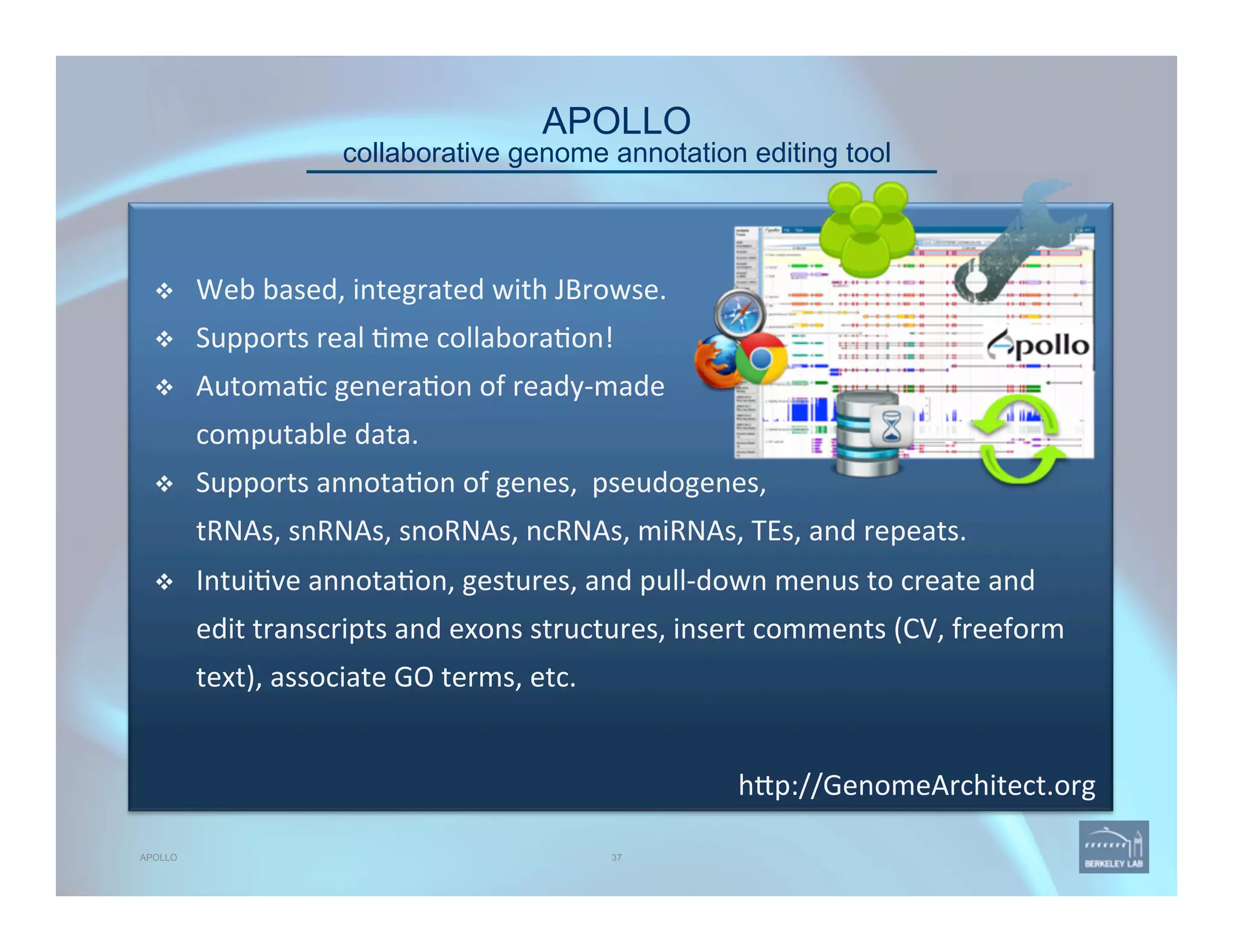 APOLLO 
collaborative genome annotation editing tool
37
v  Web	
  based,	
  integrated	
  with	
  JBrowse.	
  
v  Supports	
  real	
  'me	
  collabora'on!	
  
v  Automa'c	
  genera'on	
  of	
  ready-­‐made	
  	
  
computable	
  data.	
  	
  
v  Supports	
  annota'on	
  of	
  genes,	
  	
  pseudogenes,	
  	
  
tRNAs,	
  snRNAs,	
  snoRNAs,	
  ncRNAs,	
  miRNAs,	
  TEs,	
  and	
  repeats.	
  
v  Intui've	
  annota'on,	
  gestures,	
  and	
  pull-­‐down	
  menus	
  to	
  create	
  and	
  
edit	
  transcripts	
  and	
  exons	
  structures,	
  insert	
  comments	
  (CV,	
  freeform	
  
text),	
  associate	
  GO	
  terms,	
  etc.	
  
APOLLO
h@p://GenomeArchitect.org	
  	
  
 