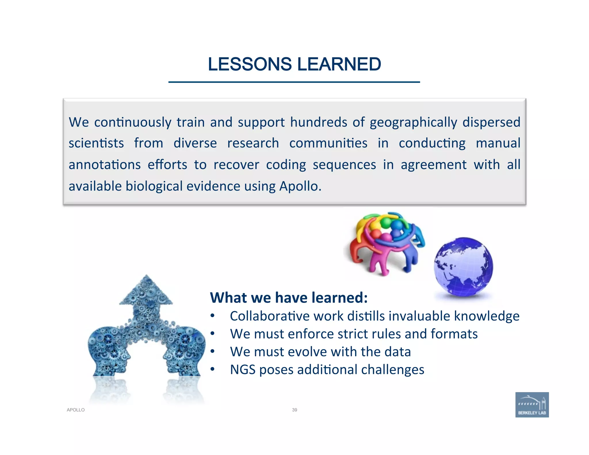 We	
  con'nuously	
  train	
  and	
  support	
  hundreds	
  of	
  geographically	
  dispersed	
  
scien'sts	
   from	
   diverse	
   research	
   communi'es	
   in	
   conduc'ng	
   manual	
  
annota'ons	
   eﬀorts	
   to	
   recover	
   coding	
   sequences	
   in	
   agreement	
   with	
   all	
  
available	
  biological	
  evidence	
  using	
  Apollo.	
  	
  
39
LESSONS LEARNED
APOLLO
What	
  we	
  have	
  learned:	
  	
  
•  Collabora've	
  work	
  dis'lls	
  invaluable	
  knowledge	
  
•  We	
  must	
  enforce	
  strict	
  rules	
  and	
  formats	
  
•  We	
  must	
  evolve	
  with	
  the	
  data	
  
•  NGS	
  poses	
  addi'onal	
  challenges	
  
 