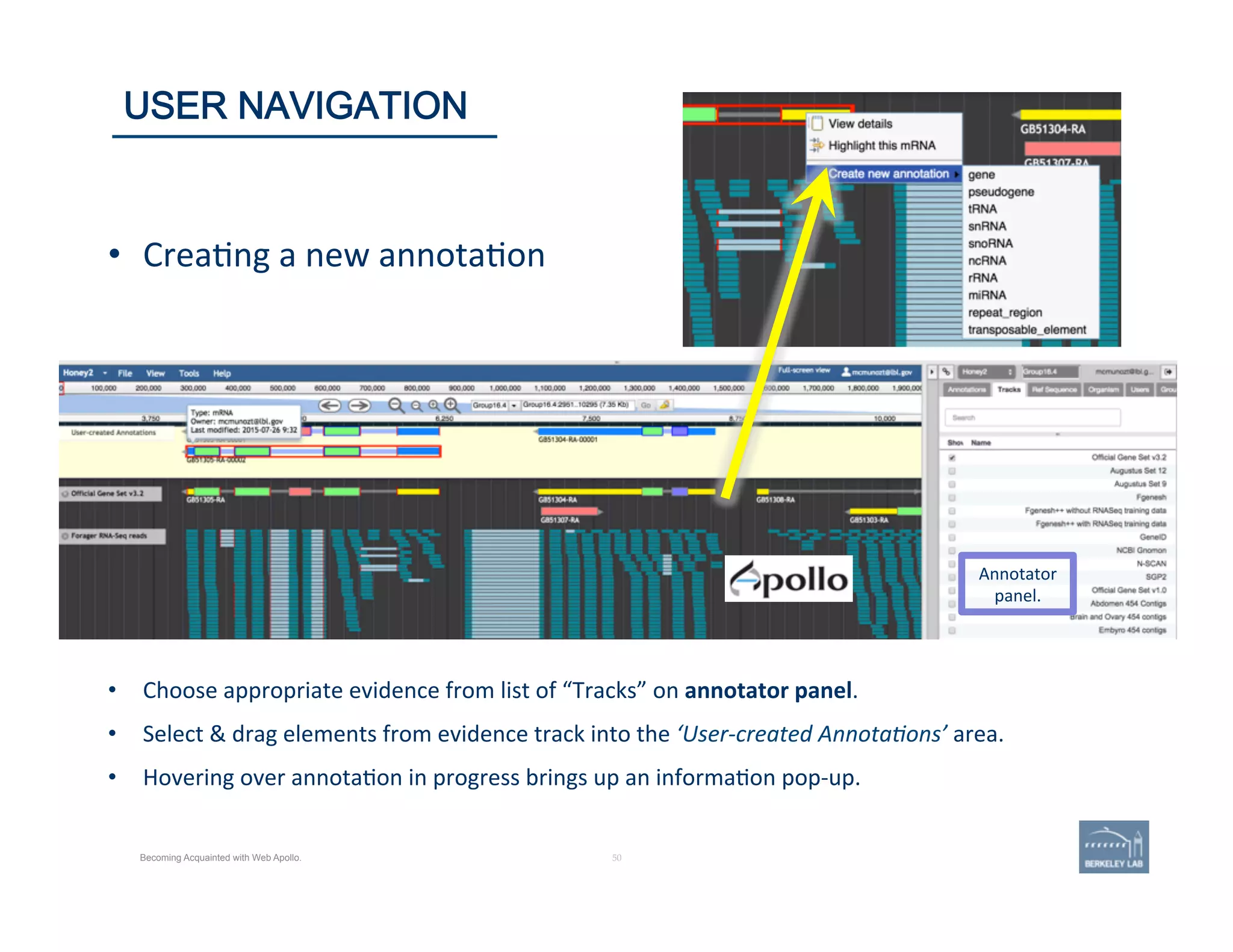 50 | 50	
Becoming Acquainted with Web Apollo.
USER NAVIGATION
Annotator	
  
panel.	
  
•  Choose	
  appropriate	
  evidence	
  from	
  list	
  of	
  “Tracks”	
  on	
  annotator	
  panel.	
  	
  
	
  
•  Select	
  &	
  drag	
  elements	
  from	
  evidence	
  track	
  into	
  the	
  ‘User-­‐created	
  Annota1ons’	
  area.	
  
	
  
•  Hovering	
  over	
  annota'on	
  in	
  progress	
  brings	
  up	
  an	
  informa'on	
  pop-­‐up.	
  
•  Crea'ng	
  a	
  new	
  annota'on	
  
 