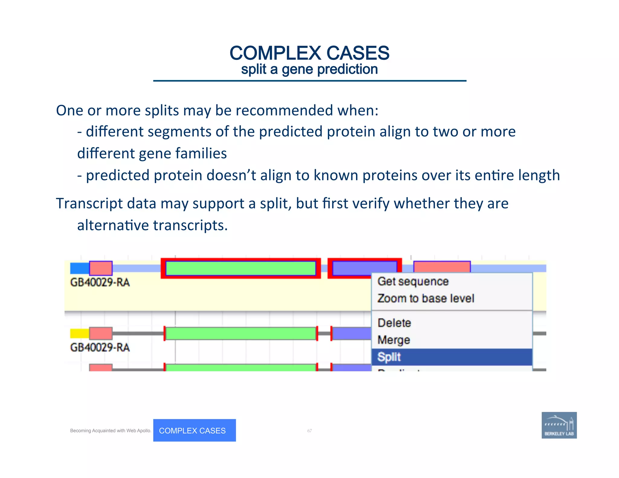 One	
  or	
  more	
  splits	
  may	
  be	
  recommended	
  when:	
  	
  
-­‐	
  diﬀerent	
  segments	
  of	
  the	
  predicted	
  protein	
  align	
  to	
  two	
  or	
  more	
  
diﬀerent	
  gene	
  families	
  	
  
-­‐	
  predicted	
  protein	
  doesn’t	
  align	
  to	
  known	
  proteins	
  over	
  its	
  en're	
  length	
  	
  
Transcript	
  data	
  may	
  support	
  a	
  split,	
  but	
  ﬁrst	
  verify	
  whether	
  they	
  are	
  
alterna've	
  transcripts.	
  	
  
67 | 67	
COMPLEX CASES
split a gene prediction
Becoming Acquainted with Web Apollo. COMPLEX CASES
 