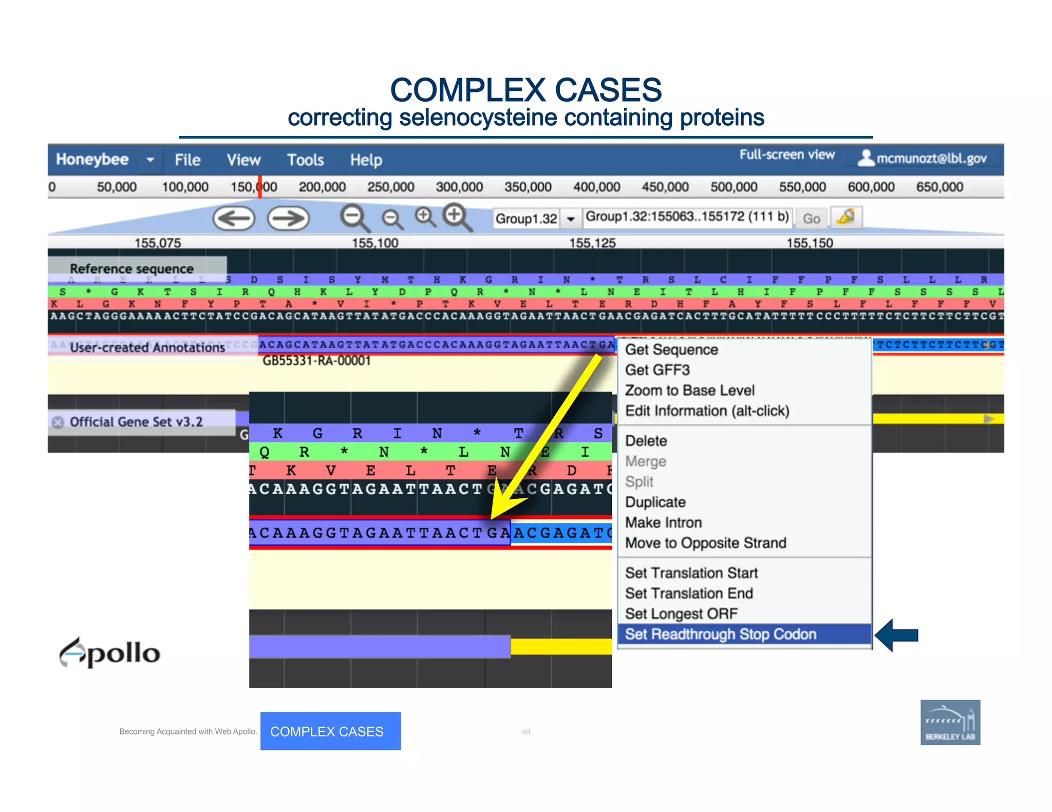 69	
COMPLEX CASES
correcting selenocysteine containing proteins
Becoming Acquainted with Web Apollo. COMPLEX CASES
 
