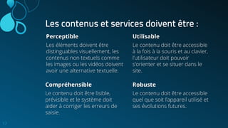 Les contenus et services doivent être :
Perceptible
Les éléments doivent être
distinguables visuellement, les
contenus non textuels comme
les images ou les vidéos doivent
avoir une alternative textuelle.
Utilisable
Le contenu doit être accessible
à la fois à la souris et au clavier,
l’utilisateur doit pouvoir
s’orienter et se situer dans le
site.
Compréhensible
Le contenu doit être lisible,
prévisible et le système doit
aider à corriger les erreurs de
saisie.
Robuste
Le contenu doit être accessible
quel que soit l’appareil utilisé et
ses évolutions futures.
17
 