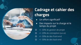 Cadrage et cahier des
charges
21
● Un eﬀort signiﬁcatif
● Des impacts sur la charge et le
temps du projet
◇ +/- 30% de gestion de projet
◇ +/- 20% de conception (ux-ui)
◇ +/- 30% de dev front-end
◇ +/- 30% de dev back-end
 
