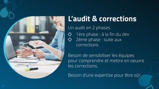 L’audit & corrections
Un audit en 2 phases.
◇ 1ère phase : à la ﬁn du dev
◇ 2ème phase : suite aux
corrections
Besoin de sensibiliser les équipes
pour comprendre et mettre en oeuvre
les corrections.
Besoin d’une expertise pour être sûr
25
 