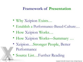 Framework of  Presentation Why  Xeipion  Exists… Establish a  Performance-Based-Culture… How  Xeipion  Works… How  Xeipion  Works—Summary … Xeipion… Stronger People,  Better Performance  Source List… Further Reading Copyright © 2003-2009  Richard W. Burke  All Rights Reserved 