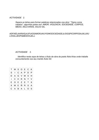 ACTIVIDADE 2.
Separa as letras para formar palabras relacionadas coa obra “ Tigres coma
cabalos”, algunhas pistas son: AMOR, VIOLENCIA, SOCIEDADE, CORPOS,
MEDO, XELA ARIAS, XULIO GIL.
ADFIXELAARIASLKJFUIOSAMORJAIUYGNKSOCIEDADEJLIOGQPICORPOSAJXLUXU
LIOGILJIE0PQMEDOOJELJ.
ACTIVIDADE 3.
Identifica nesta sopa de letras o título da obra da poeta Xela Arias onde traballa
conxuntamente coa seu marido Xulio Gil.
T M S O E C K
S I C A P D P
D A G V M S H
I C H R N Y V
E O E Z E T X
X M E Ñ R S A
C A B A L O S
 