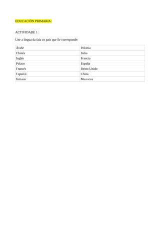 EDUCACIÓN PRIMARIA:
ACTIVIDADE 1 :
Une a língua da fala co país que lle corresponde:
Árabe Polonia
Chinés Italia
Inglés Francia
Polaco España
Francés Reino Unido
Español China
Italiano Marrocos
 