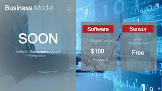 SOON
Business Model 2/3
Software Subscription Model
Integration
Software
12 Month Contract
Per Month
$100
Sensor
uSkin
Tactile Sensor
Free
58
 
