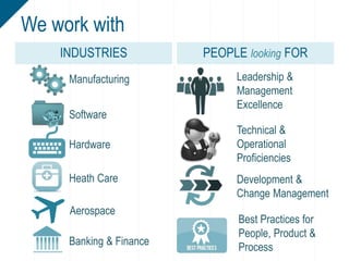 INDUSTRIES
We work with
PEOPLE looking FOR
Manufacturing
Software
Hardware
Heath Care
Aerospace
Banking & Finance
Leadership &
Management
Excellence
Technical &
Operational
Proficiencies
Development &
Change Management
Best Practices for
People, Product &
Process
 