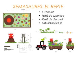 XEMASAURES: EL REPTE
• 1 Carrossa
• 16m2 de superfíce
• 40m3 de decorat
• 170 DISFRESSES!!!
 
