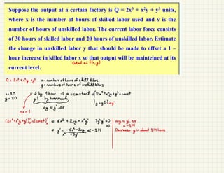Output a =
f(x
, y)
Q = 2x +
xy +
y x : numbers of hours of skill labors
y
: numbers of hours of unskill labors
x = 30 x ↓
by thour -
> a = constant => 2x3 + x
y
+ y = const
y
= 20
& yt by how much
&
um
y
=
y(x) =
y
-y
=
y
- 0x
Xx = 1
(2x3 +
y +
y)) =
(const) = 6x2 +
2xy + x
y 3yy = 0
by
=
y. x
I
=
- 3
,
14
=>
y
=
eye-3
=>
Decrease
y in
about 3
,
14 hours
 