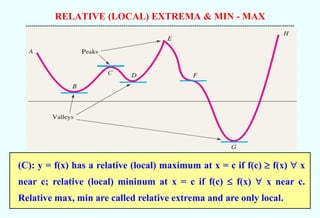 RELATIVE (LOCAL) EXTREMA & MIN - MAX
--------------------------------------------------------------------------------------------------------------------------------------------
(C): y = f(x) has a relative (local) maximum at x = c if f(c)  f(x)  x
near c; relative (local) mininum at x = c if f(c)  f(x)  x near c.
Relative max, min are called relative extrema and are only local.
 