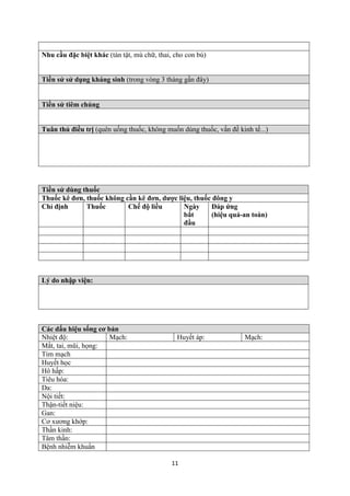 11 
Nhu cầu đặc biệt khác (tàn tật, mù chữ, thai, cho con bú) 
Tiền sử sử dụng kháng sinh (trong vòng 3 tháng gần đây) 
Tiền sử tiêm chủng Tuân thủ điều trị (quên uống thuốc, không muốn dùng thuốc, vấn đề kinh tế...) 
Tiền sử dùng thuốc 
Thuốc kê đơn, thuốc không cần kê đơn, dược liệu, thuốc đông y 
Chỉ định 
Thuốc 
Chế độ liều 
Ngày bắt đầu 
Đáp ứng 
(hiệu quả-an toàn) 
Lý do nhập viện: 
Các dấu hiệu sống cơ bản 
Nhiệt độ: 
Mạch: 
Huyết áp: 
Mạch: 
Mắt, tai, mũi, họng: 
Tim mạch 
Huyết học 
Hô hấp: 
Tiêu hóa: 
Da: 
Nội tiết: 
Thận-tiết niệu: 
Gan: 
Cơ xương khớp: 
Thần kinh: 
Tâm thần: 
Bệnh nhiễm khuẩn 
 