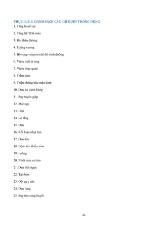 21 
PHỤC LỤC 8. DANH SÁCH CÁC CHỈ ĐỊNH THÔNG DỤNG 
1. Tăng huyết áp 
2. Tăng liCTDd máu 
3. Đái tháo đường 
4. Loãng xương 
5. Bổ sung vitamin/chế độ dinh dưỡng 
6. Viêm mũi dị ứng 
7. Viêm thực quản 
8. Trầm cảm 
9. Triệu chứng hậu mãn kinh 
10. Đau do viêm khớp 
11. Suy tuyến giáp 
12. Mất ngủ 
13. Hen 
14. Lo lắng 
15. Đau 
16. Rối loạn nhịp tim 
17. Đau đầu 
18. Bệnh tim thiếu máu 
19. Loãng 
20. Nhồi máu cơ tim 
21. Đau thắt ngực 
22. Táo bón 
23. Đột quỵ não 
24. Đau lưng 
25. Suy tim sung huyết 
 