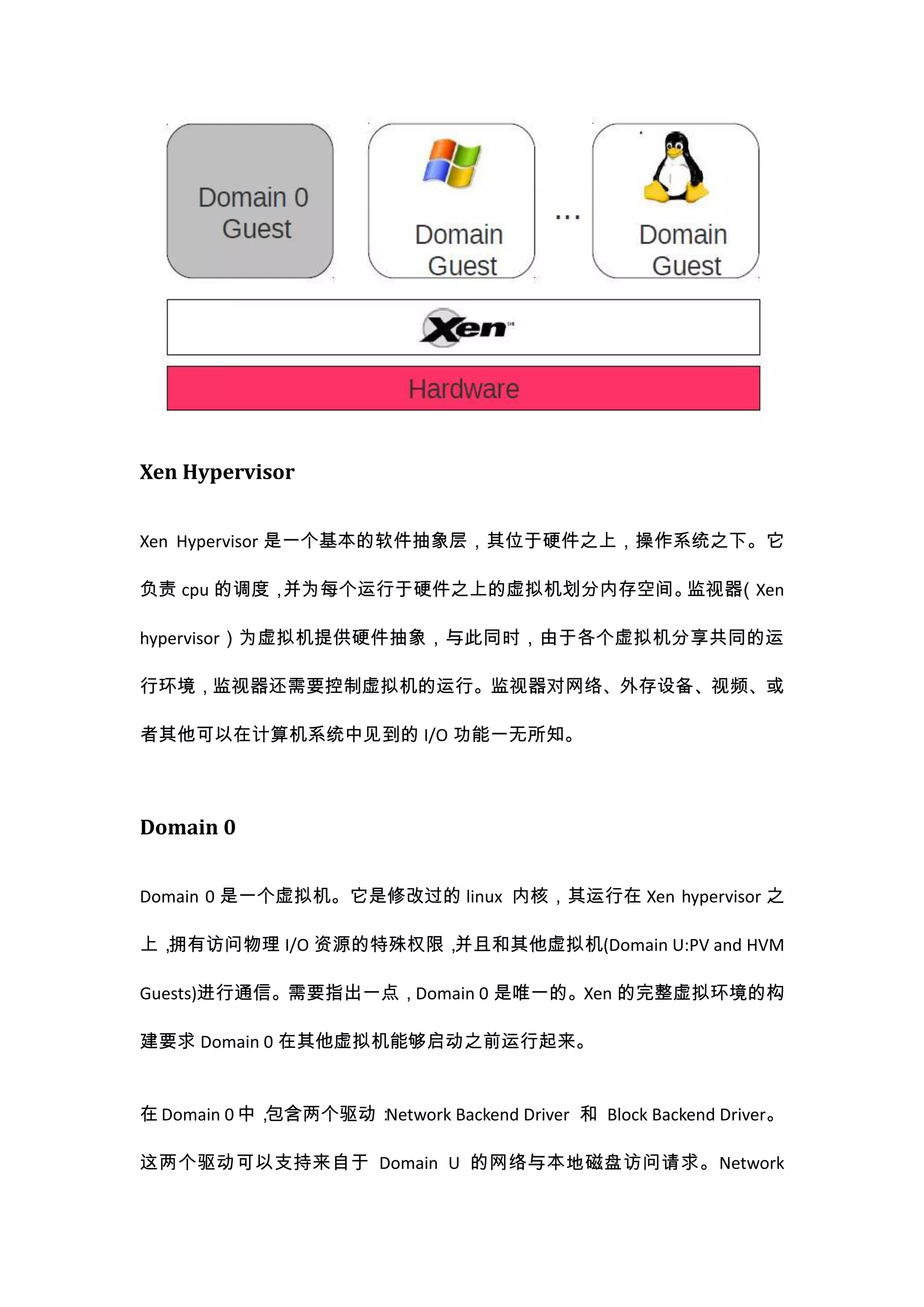 Xen Hypervisor


Xen Hypervisor 是一个基本的软件抽象层，其位于硬件之上，操作系统之下。它

负责 cpu 的调度，并为每个运行于硬件之上的虚拟机划分内存空间。监视器（Xen

hypervisor）为虚拟机提供硬件抽象，与此同时，由于各个虚拟机分享共同的运

行环境，监视器还需要控制虚拟机的运行。监视器对网络、外存设备、视频、或

者其他可以在计算机系统中见到的 I/O 功能一无所知。




Domain 0


Domain 0 是一个虚拟机。它是修改过的 linux 内核，其运行在 Xen hypervisor 之

上，拥有访问物理 I/O 资源的特殊权限，并且和其他虚拟机(Domain U:PV and HVM

Guests)进行通信。需要指出一点，Domain 0 是唯一的。Xen 的完整虚拟环境的构

建要求 Domain 0 在其他虚拟机能够启动之前运行起来。


在 Domain 0 中，包含两个驱动：Network Backend Driver 和 Block Backend Driver。

这两个驱动可以支持来自于 Domain U 的网络与本地磁盘访问请求。Network
 