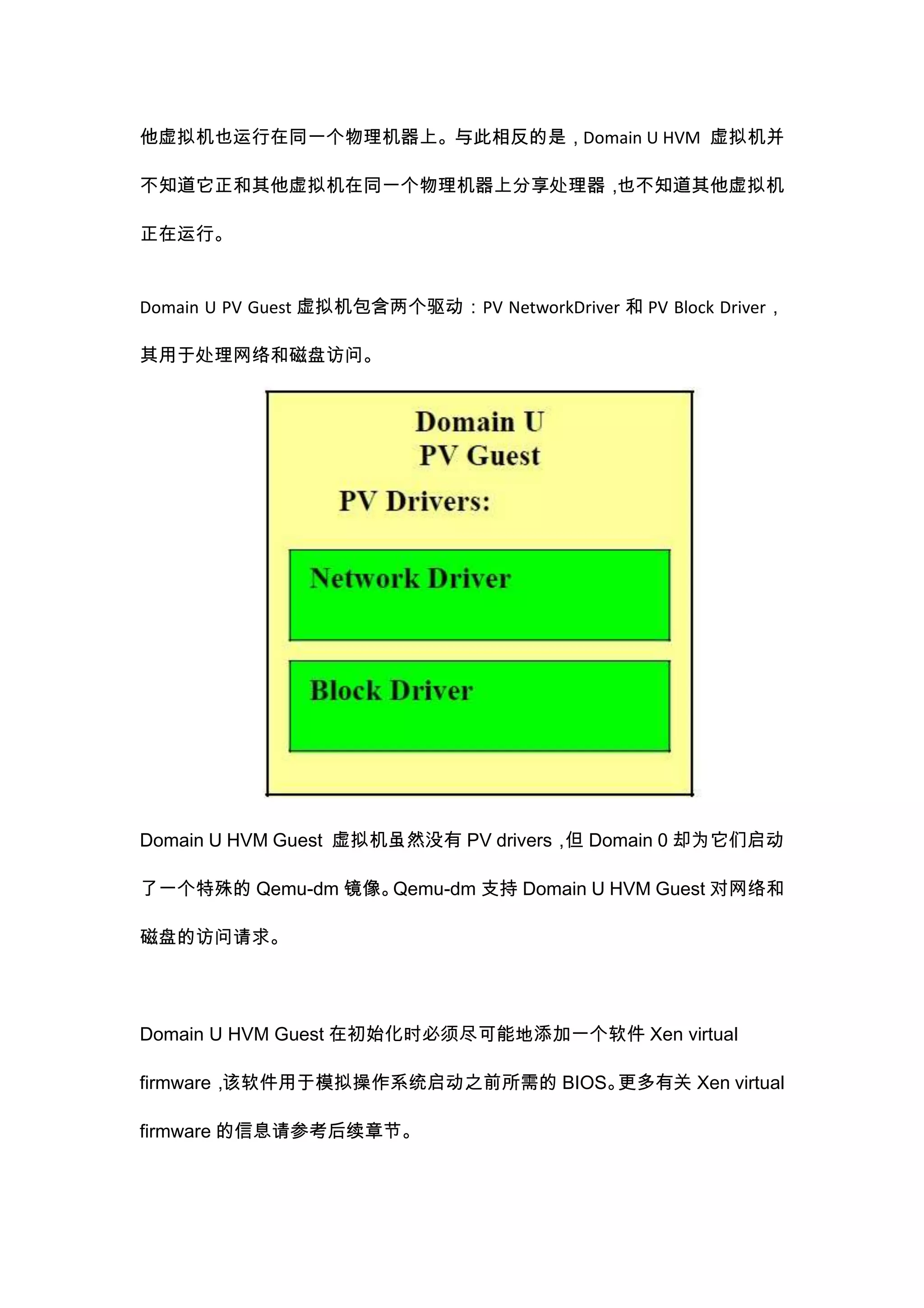他虚拟机也运行在同一个物理机器上。与此相反的是，Domain U HVM 虚拟机并

不知道它正和其他虚拟机在同一个物理机器上分享处理器，也不知道其他虚拟机

正在运行。


Domain U PV Guest 虚拟机包含两个驱动：PV NetworkDriver 和 PV Block Driver，

其用于处理网络和磁盘访问。




Domain U HVM Guest 虚拟机虽然没有 PV drivers， Domain 0 却为它们启动
                                      但

了一个特殊的 Qemu-dm 镜像。Qemu-dm 支持 Domain U HVM Guest 对网络和

磁盘的访问请求。




Domain U HVM Guest 在初始化时必须尽可能地添加一个软件 Xen virtual

firmware，该软件用于模拟操作系统启动之前所需的 BIOS。更多有关 Xen virtual

firmware 的信息请参考后续章节。
 