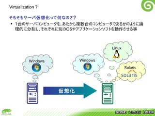 Virtualization ?

そもそもサーバ仮想化って何なのさ？
• 1台のサーバコンピュータを、あたかも複数台のコンピュータであるかのように論
  理的に分割し、それぞれに別のOSやアプリケーションソフトを動作させる事



                                     Linux


           Windows         Windows
                                             Solaris




                     仮想化
 
