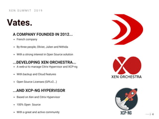 Vates.
A COMPANY FOUNDED IN 2012...
...DEVELOPING XEN ORCHESTRA...
...AND XCP-NG HYPERVISOR
French company
By three people...