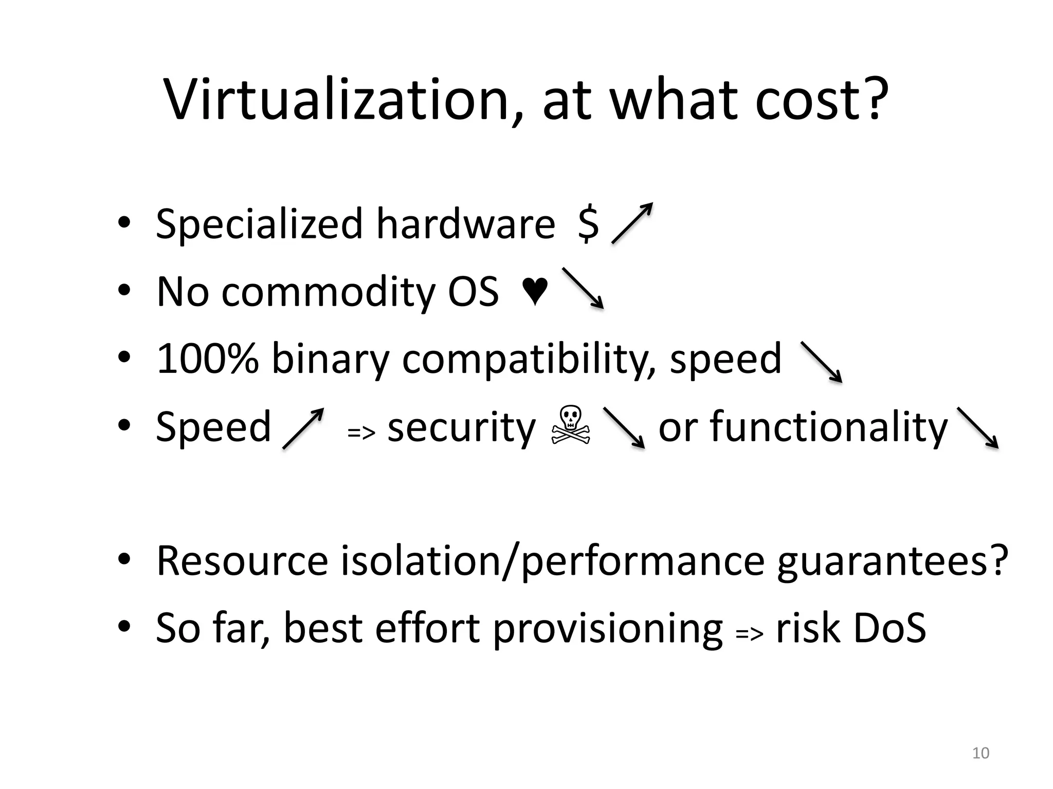Virtualization, at what cost?
•
•
•
•

Specialized hardware $
No commodity OS ♥
100% binary compatibility, speed
Speed
=> security ☠
or functionality

• Resource isolation/performance guarantees?
• So far, best effort provisioning => risk DoS
10

 