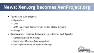 • Teams aka sub-projects
– Hypervisor
– XAPI
– ARM Hypervisor (for Servers as well as Mobile Devices)
– Mirage OS
• Governance : mixture between Linux Kernel and Apache
– Consensus decision making
– Sub-project life-cycle (aka incubator)
– PMC style structure for team leadership
News: Xen.org becomes XenProject.org
 