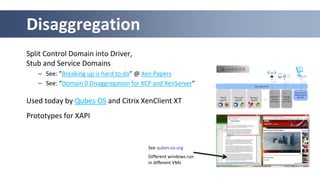 Split Control Domain into Driver,
Stub and Service Domains
– See: ”Breaking up is hard to do” @ Xen Papers
– See: “Domain 0 Disaggregation for XCP and XenServer”
Used today by Qubes OS and Citrix XenClient XT
Prototypes for XAPI
Disaggregation
See qubes-os.org
Different windows run
in different VMs
 