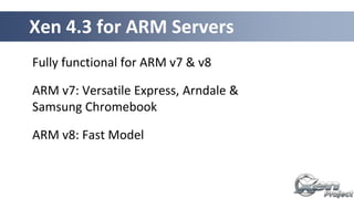 Fully functional for ARM v7 & v8
ARM v7: Versatile Express, Arndale &
Samsung Chromebook
ARM v8: Fast Model
Xen 4.3 for ARM Servers
 