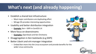 • Establish a shared test infrastructure
– Most major contributors are duplicating effort
– Mirage OS provides interesting opportunities
• Usability and better distribution integration
– Example: Xen + XAPI in CentOS 6.4
• More focus on downstreams
– Examples: OpenStack and Xen Orchestra
• Disaggregation in Xen toolstacks (e.g XAPI)
• Better Libvirt and virt-manager integration
– Embed Xen more into the Linux ecosystem and provide benefits for the
wider Linux community
What’s next (and already happening)
 