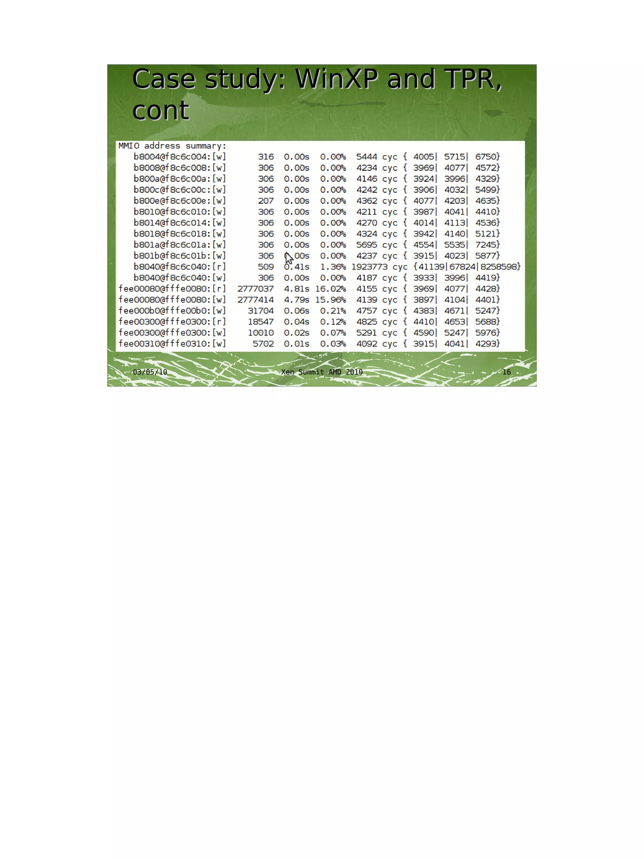 Case study: WinXP and TPR,
cont




03/05/10   Xen Summit AMD 2010   16
 