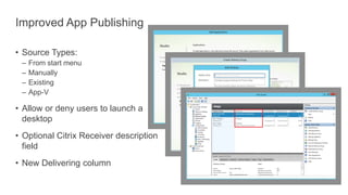 Improved App Publishing
• Source Types:
– From start menu
– Manually
– Existing
– App-V
• Allow or deny users to launch a
desktop
• Optional Citrix Receiver description
field
• New Delivering column
 