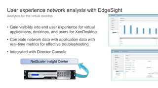 NetScaler Insight Center
User experience network analysis with EdgeSight
Analytics for the virtual desktop
• Gain visibility into end user experience for virtual
applications, desktops, and users for XenDesktop
• Correlate network data with application data with
real-time metrics for effective troubleshooting
• Integrated with Director Console
 