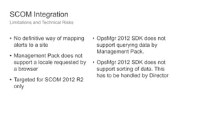 SCOM Integration
Limitations and Technical Risks
• No definitive way of mapping
alerts to a site
• Management Pack does not
support a locale requested by
a browser
• Targeted for SCOM 2012 R2
only
• OpsMgr 2012 SDK does not
support querying data by
Management Pack.
• OpsMgr 2012 SDK does not
support sorting of data. This
has to be handled by Director
 