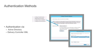 Authentication Methods
• Authentication via
– Active Directory
– Delivery Controller XML
 