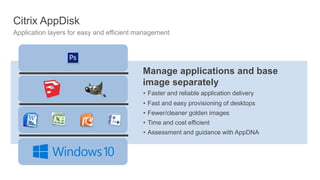 Citrix AppDisk
Application layers for easy and efficient management
Manage applications and base
image separately
• Faster and reliable application delivery
• Fast and easy provisioning of desktops
• Fewer/cleaner golden images
• Time and cost efficient
• Assessment and guidance with AppDNA
 
