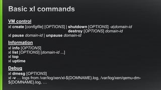 VM control
xl create [configfile] [OPTIONS] | shutdown [OPTIONS] -a|domain-id
destroy [OPTIONS] domain-id
xl pause domain-id | unpause domain-id
Information
xl info [OPTIONS]
xl list [OPTIONS] [domain-id ...]
xl top
xl uptime
Debug
xl dmesg [OPTIONS]
xl -v … logs from /var/log/xen/xl-${DOMNAME}.log, /var/log/xen/qemu-dm-
${DOMNAME}.log, …
 