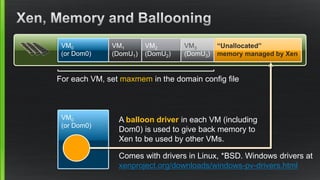For each VM, set maxmem in the domain config file
VM0
(or Dom0)
“Unallocated”
memory managed by Xen
A balloon driver in each VM (including
Dom0) is used to give back memory to
Xen to be used by other VMs.
VM0
(or Dom0)
VM1
(DomU1)
VM2
(DomU2)
VM3
(DomU3)
Comes with drivers in Linux, *BSD. Windows drivers at
xenproject.org/downloads/windows-pv-drivers.html
 